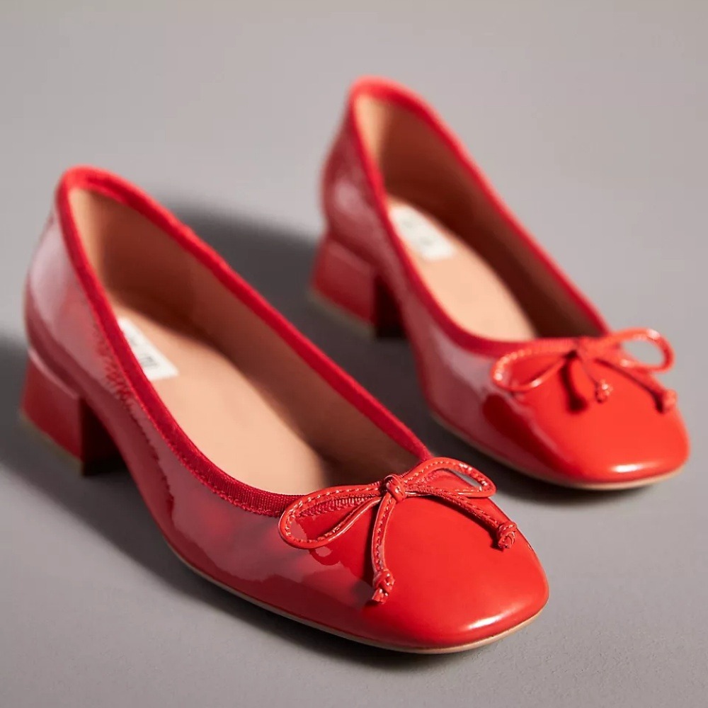 Anthropologie Bibi Lou Heeled Ballet Pumps 40 9 Red Patent Leather Square Toe